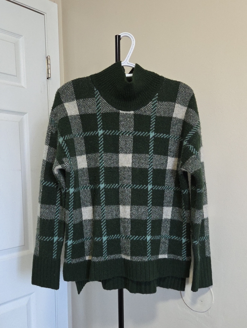 Cynthia Rowley Forest Green and Cream Plaid Turtleneck Sweater